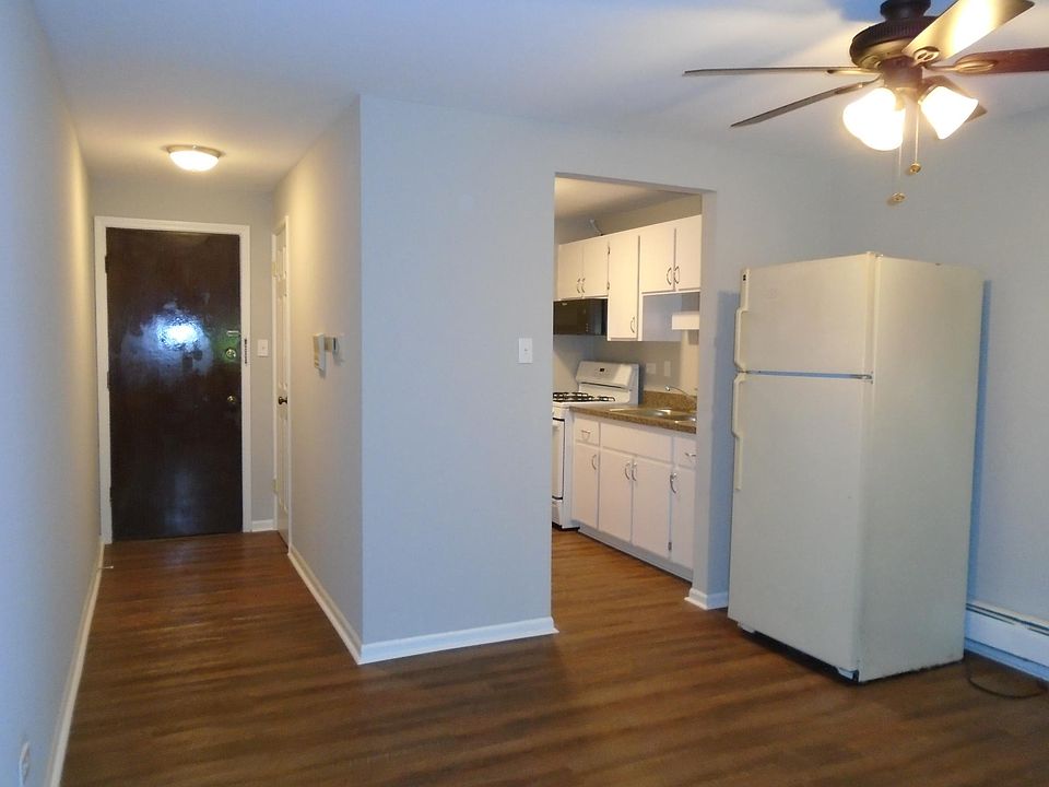 Entrance door, kitchen (refrigerator is in the kitchen).