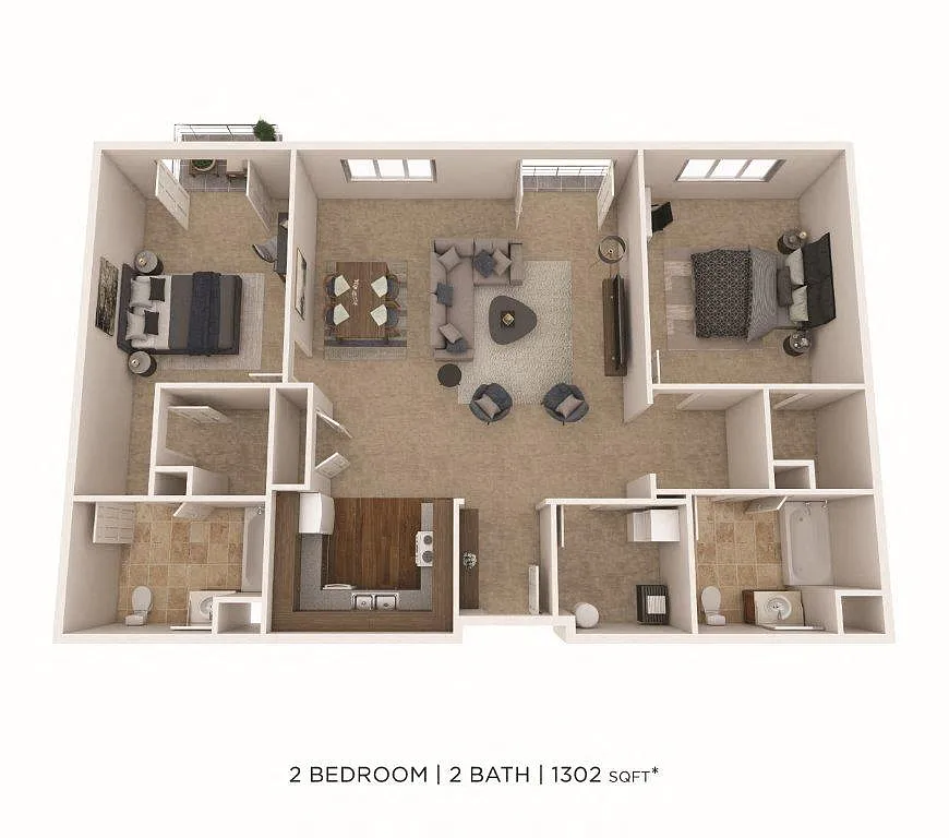 Floor plan Two Bedroom 2 Bath- 1302 sqft