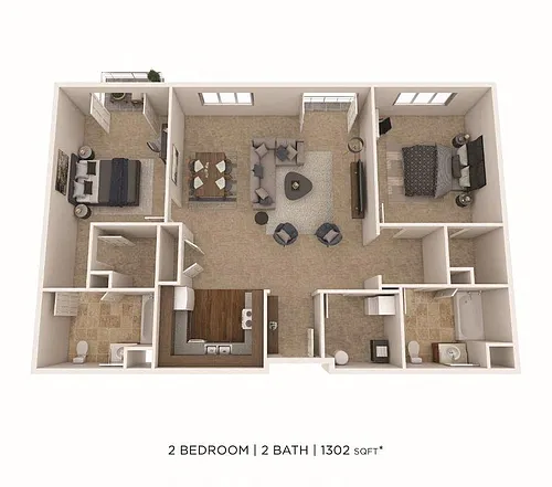 Floor plan Two Bedroom 2 Bath- 1302 sqft