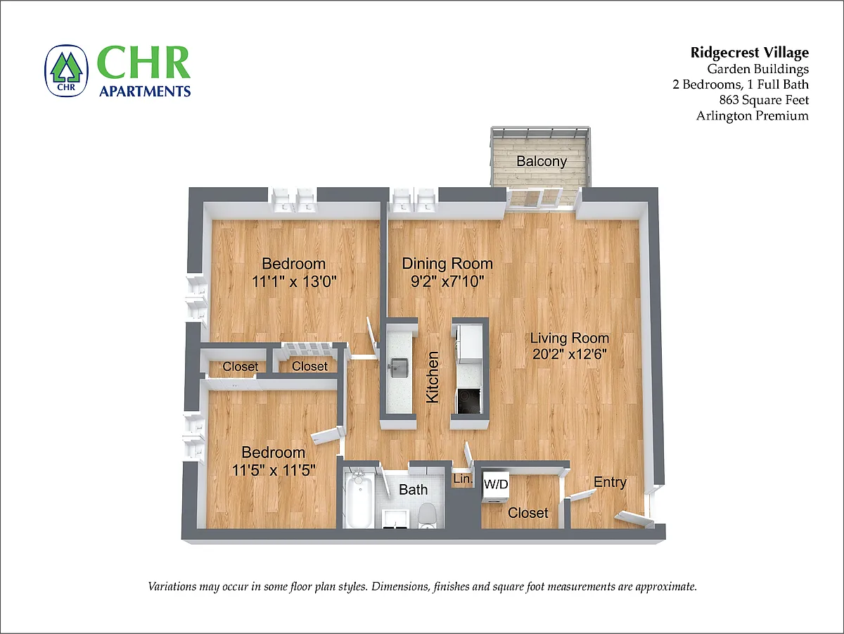 Floor plan 2 Bed/1 Bath with Storage Closet
