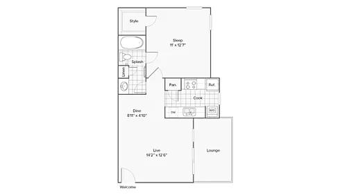 Floor plan 1 BR x 1 BA with W/D - A
