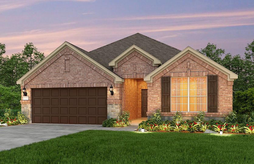 The Mckinney, a one-story home with 2-car cedar garage, shown with Home Exterior B