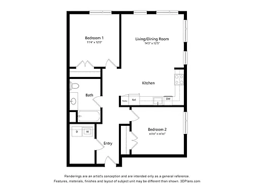 Floor plan 2 Bedroom, 1 Bathroom 60%