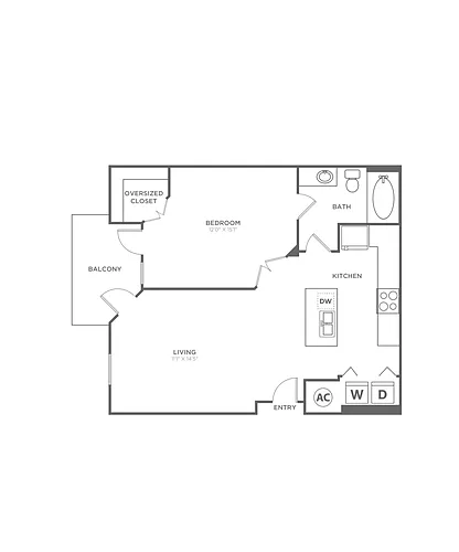 Floor plan One Bedroom One Bath (644 SF)