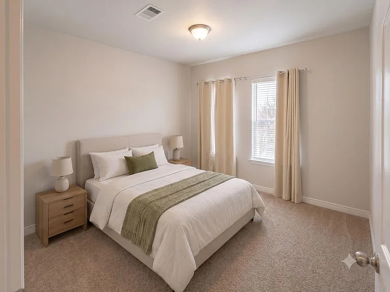 Well-sized bedroom with plush carpet, a large window with curtains, and space for a full/queen bed and nightstands.