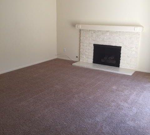 Gas fireplace in the living room. New carpet!