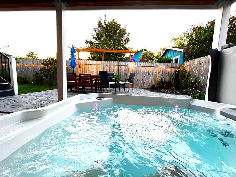 View from hot tub into back yard