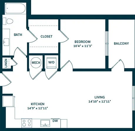 Explore the spacious layout of this modern one-bedroom apartment featuring a kitchen, living area, and private balcony. Explore the spacious layout of this modern one-bedroom apartment featuring a kitchen, living area, and private balcony.