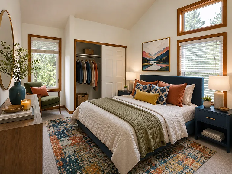 AI-staged second bedroom concept showing a bright, flexible guest room or private office with vaulted ceilings, natural light, generous closet space, and tasteful modern color.