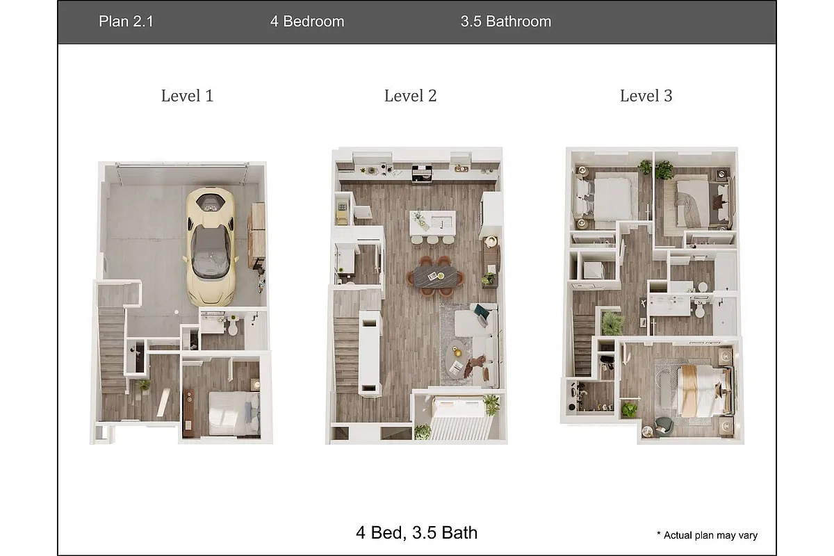Floor plan 4 Bedroom, 3.5 Bath Townhouse Plan 2
