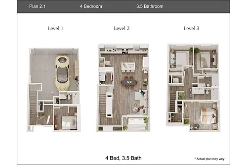 Floor plan 4 Bedroom, 3.5 Bath Townhouse Plan 2