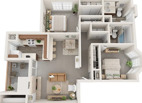 Two Bedrooms, Two Bathrooms, 1086 sqft, Full-Size Washer/Dryer Connections, Patio/Balcony w/Storage, Built-in Bookshelves, Fireplace in select units Two Bedrooms, Two Bathrooms, 1086 sqft, Full-Size Washer/Dryer Connections, Patio/Balcony w/Storage, Built