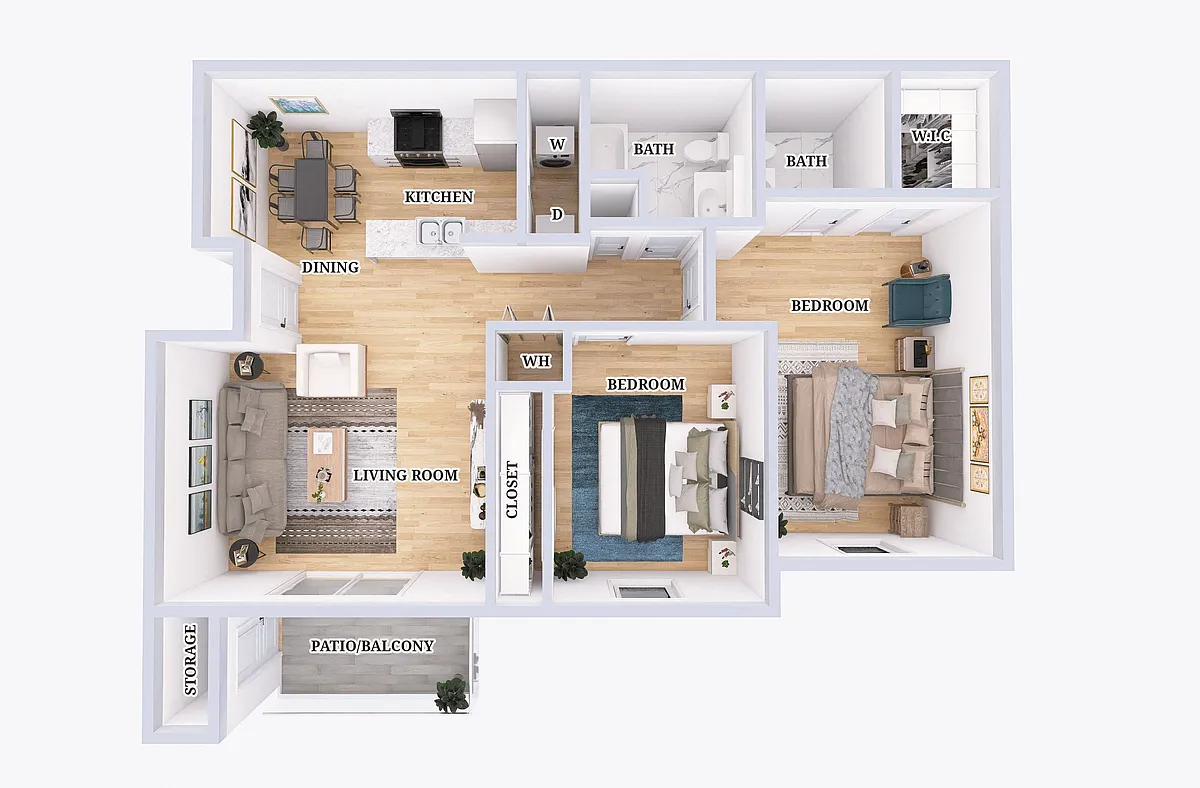 Floor plan 2 Bed, 1.5 Bath - 928 Sq. Ft.