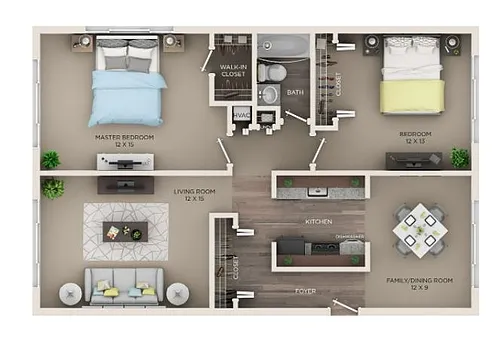 Floor plan B2 - 2BD/1BA with Den