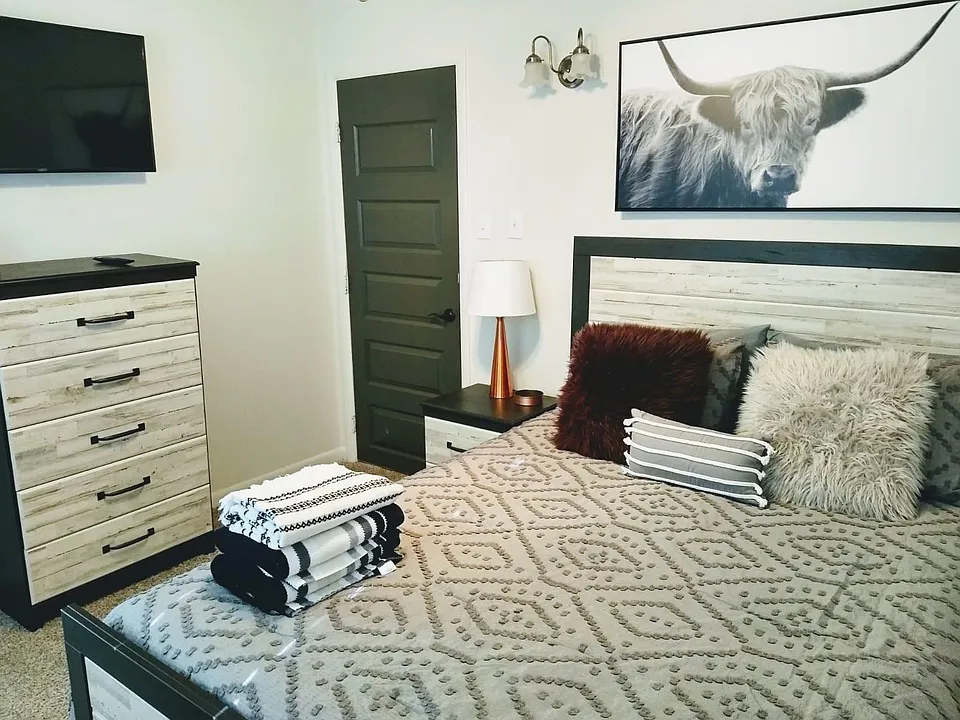 Master Bedroom With Attached Half Bath. Queen Bed, Very Large Closet, Nightstand and Chest of Drawers, Swiveling Smart TV, Ceiling Fan.
