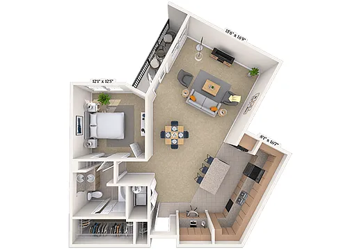 Floor plan Traditional 1x1 977 SF
