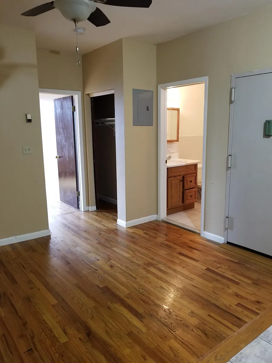 living room and view of bathroom double closet - 52 Main St #2