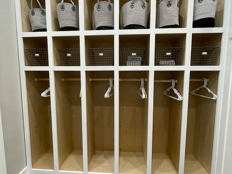 Storage cubbies in restroom