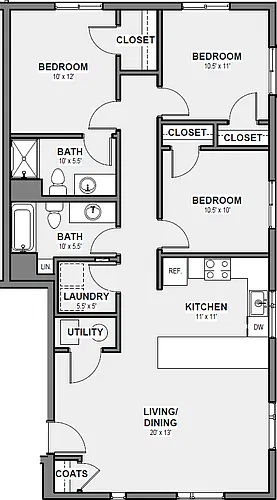 Floor plan 3 Bed 2 Bath 3rd Floor