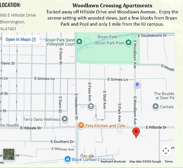 Tucked away off Hillside Drive and Woodlawn Avenue. Enjoy the serene setting with wooded views, only 1 mile from the IU campus and just a few blocks from Bryan Park and Pool.