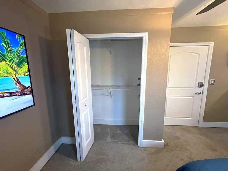 Bedroom features a wall-mounted TV and a wide closet with shelving and hanging space for organized storage.