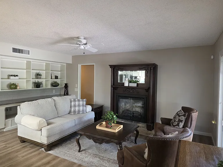 family room and fireplace