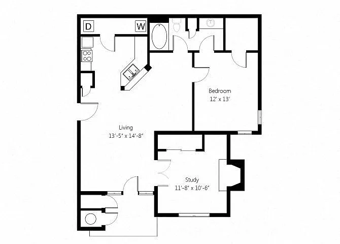 Floor plan Lincoln 1bed 1bath with Study