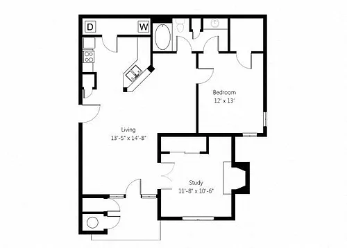 Floor plan Lincoln 1bed 1bath with Study