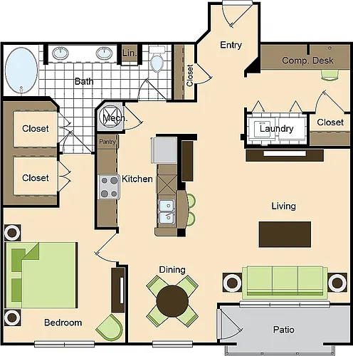 Floor plan One Bedroom One Bath (1015 SF)