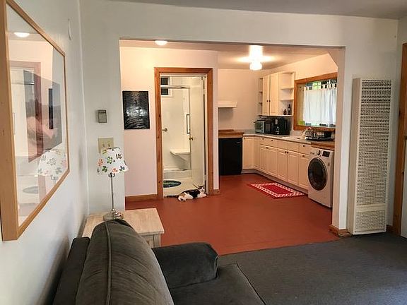 Living room/kitchen/bathroom. Cat not included.