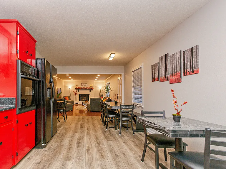 Kitchen, dining, and living room.