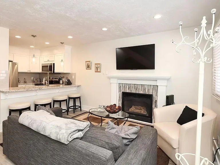 Living room with wall mounted TV, West Elm couch, coat rack etc.