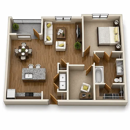 Floor plan A6 - 1Bed/1Bath - Island Kitchen & Study/Office