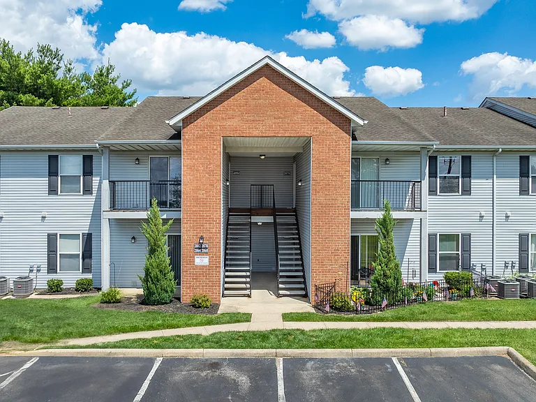 Entry-way and patio view of apartments at River Valley in Lancaster, OH.