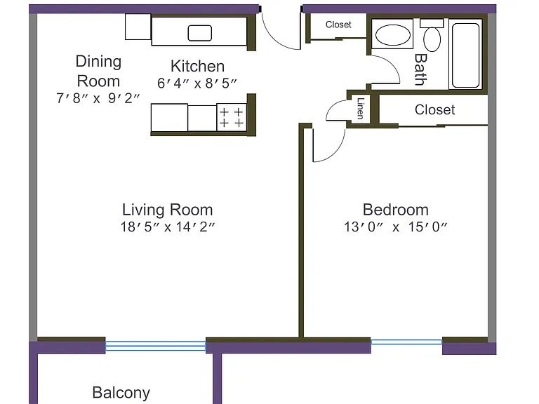 Typical 1 bedroom floor plan for 1245 Jefferson, dimensions may vary.