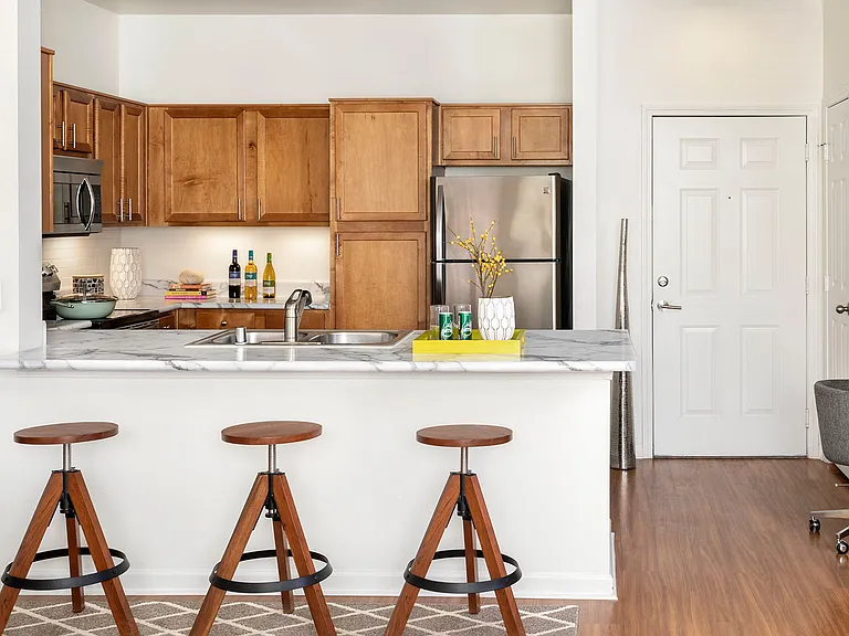 Apartment Kitchen with Stainless Steel Appliances, quartz counters and wood floors.