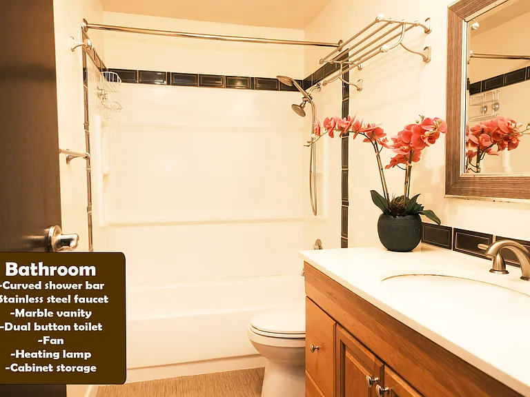Bathroom, curved bar for more space, dual flusher, marble counters, fan, heating lamp