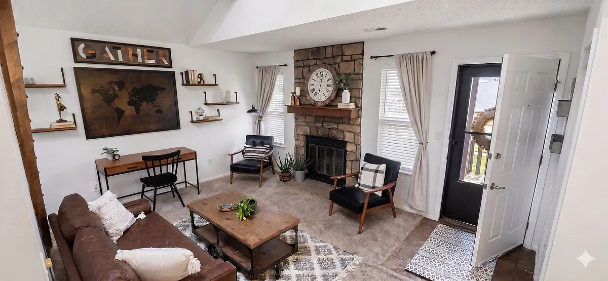 Cozy up on winter evenings by the working wood-burning fireplace. This charming focal point adds a layer of warmth and mountain-home character to the spacious open-concept living area. - 9120 W 88th Cir