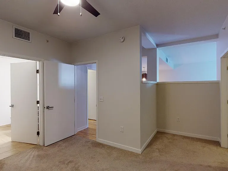 Spacious apartment bedroom with large closet, attached bathroom and plush carpet flooring.