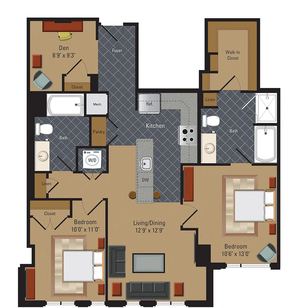 Floor plan 2 Bedroom / 2 Bathrooms / Den