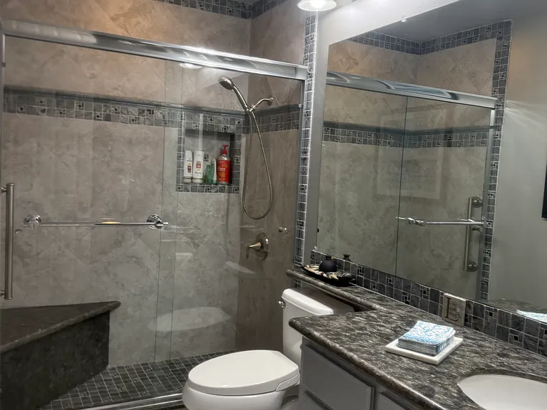 Hall bath with true colors, note bench and high end safety bar