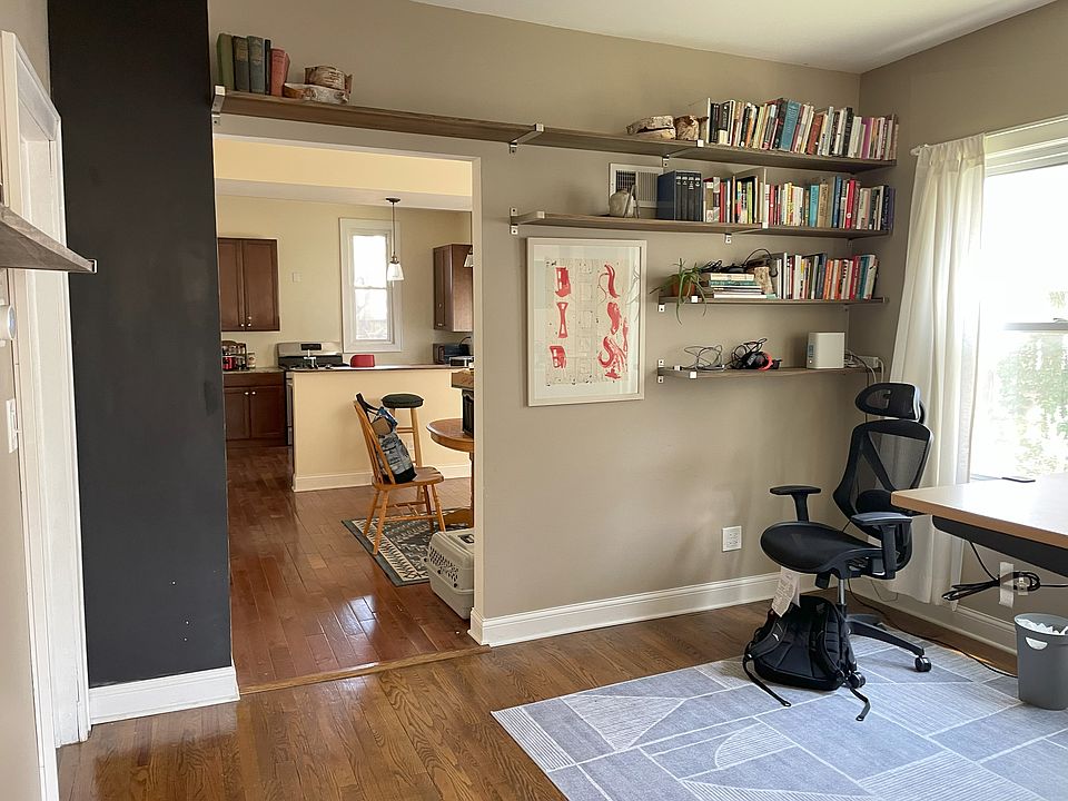 Office space looking toward dining room and kitchen.