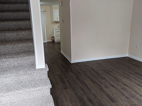 Entrance view of steps, living-room, hallway to dining area and kitchen.