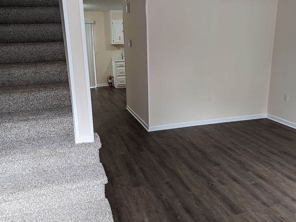 Entrance view of steps, living-room, hallway to dining area and kitchen.