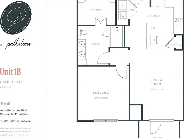 The Porte, 1B, This one bedroom/one bathroom home features a large walk-in closet with custom shelving, a large living space and washer/dryer.