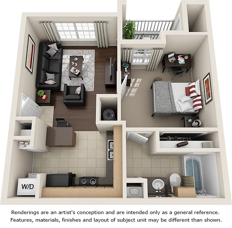 Floor plan 1/1 with Wood-Style Floors and Pool View