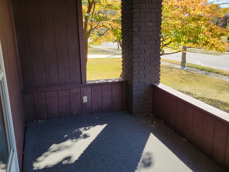 Front carpeted porch adjoining the front door to apartment.