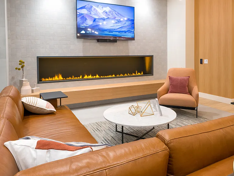 Relax on leather sofas in front of a modern gas fireplace