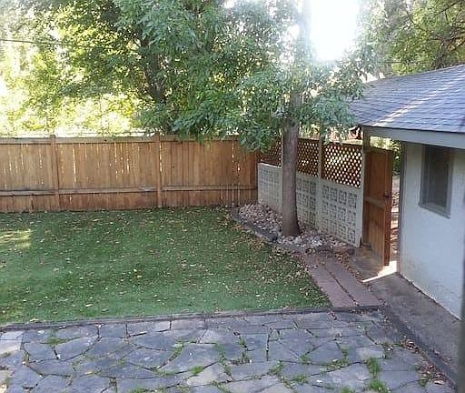 shared back yard, view out kitchen window