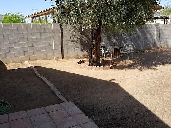 Back yard with large shade tree 